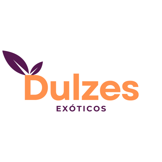 Logo of Dulzes Exoticos with orange text and purple leaves on a white background