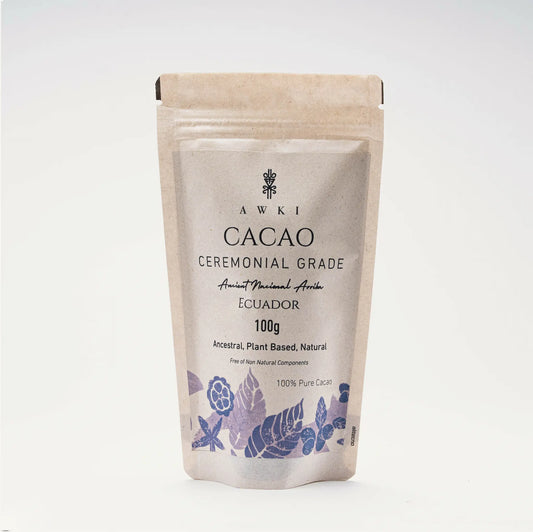 High-end Dulzes branded stand-up pouch packaging for 'Organic & Raw' Ecuadorian Ceremonial Cacao, highlighting quality and traceability.