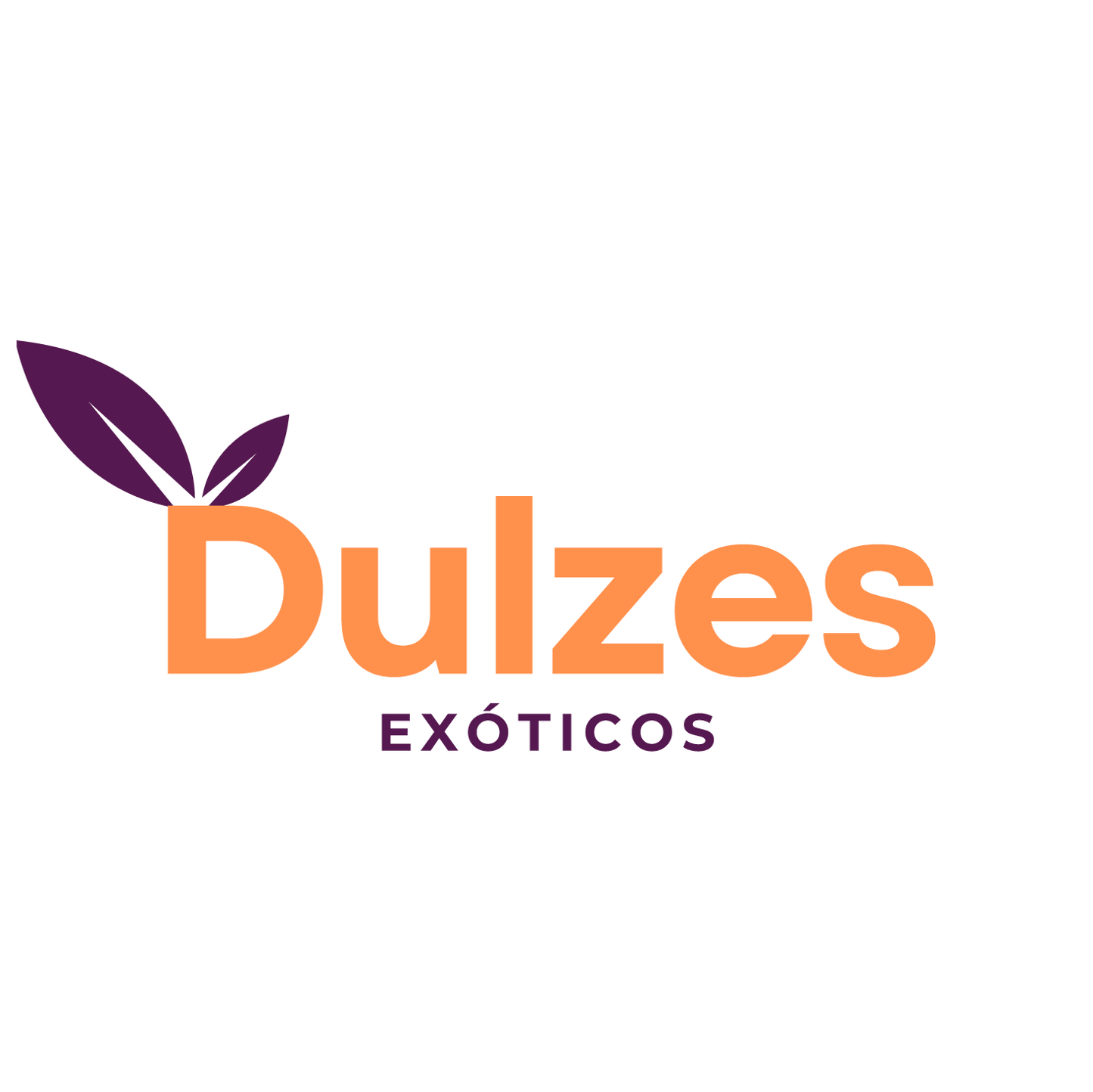 Logo of Dulzes Exoticos with orange text and purple leaves on a white background
