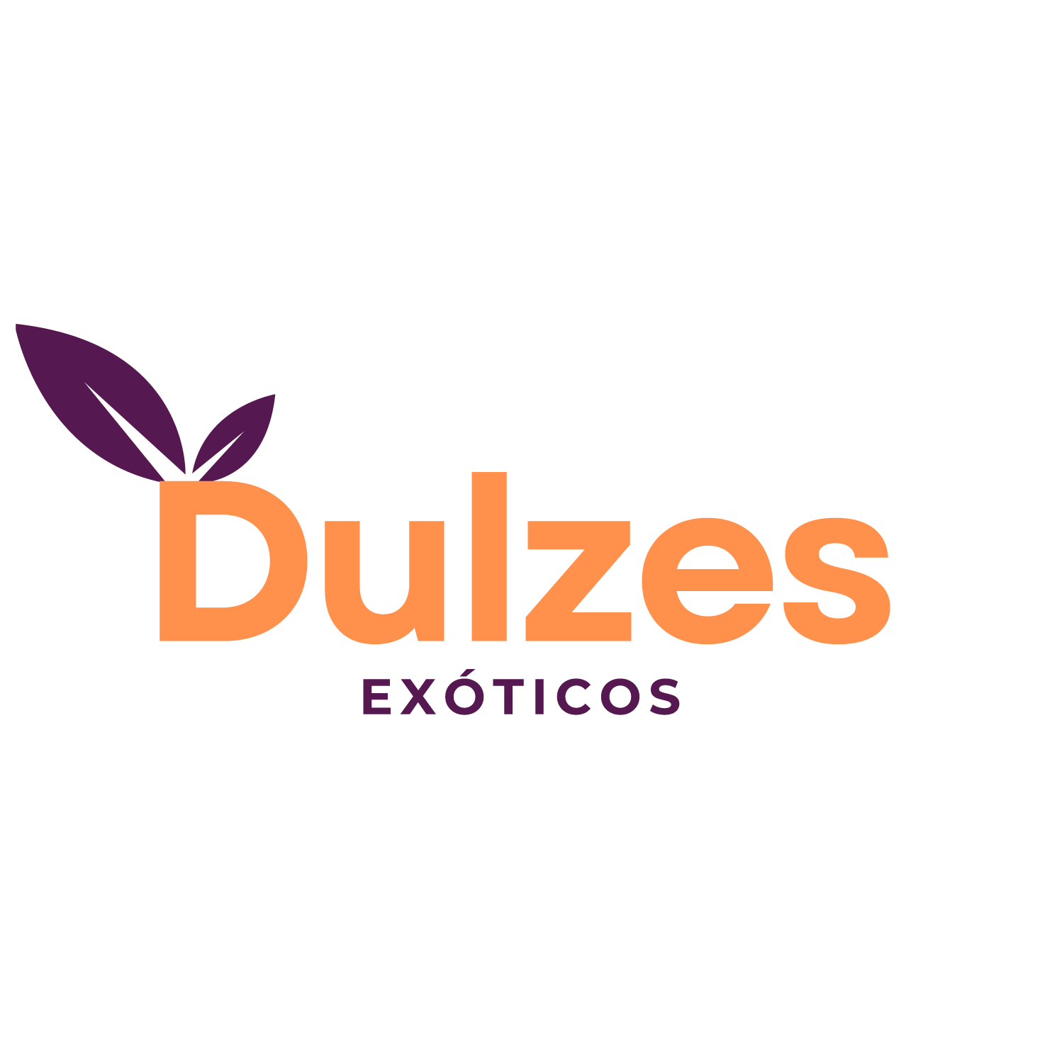 Logo of Dulzes Exoticos with orange text and purple leaves on a white background
