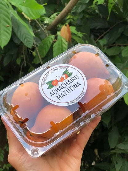A premium clear plastic container of 'Achachairu Matutina' Boliviano fruits with a professional brand label.