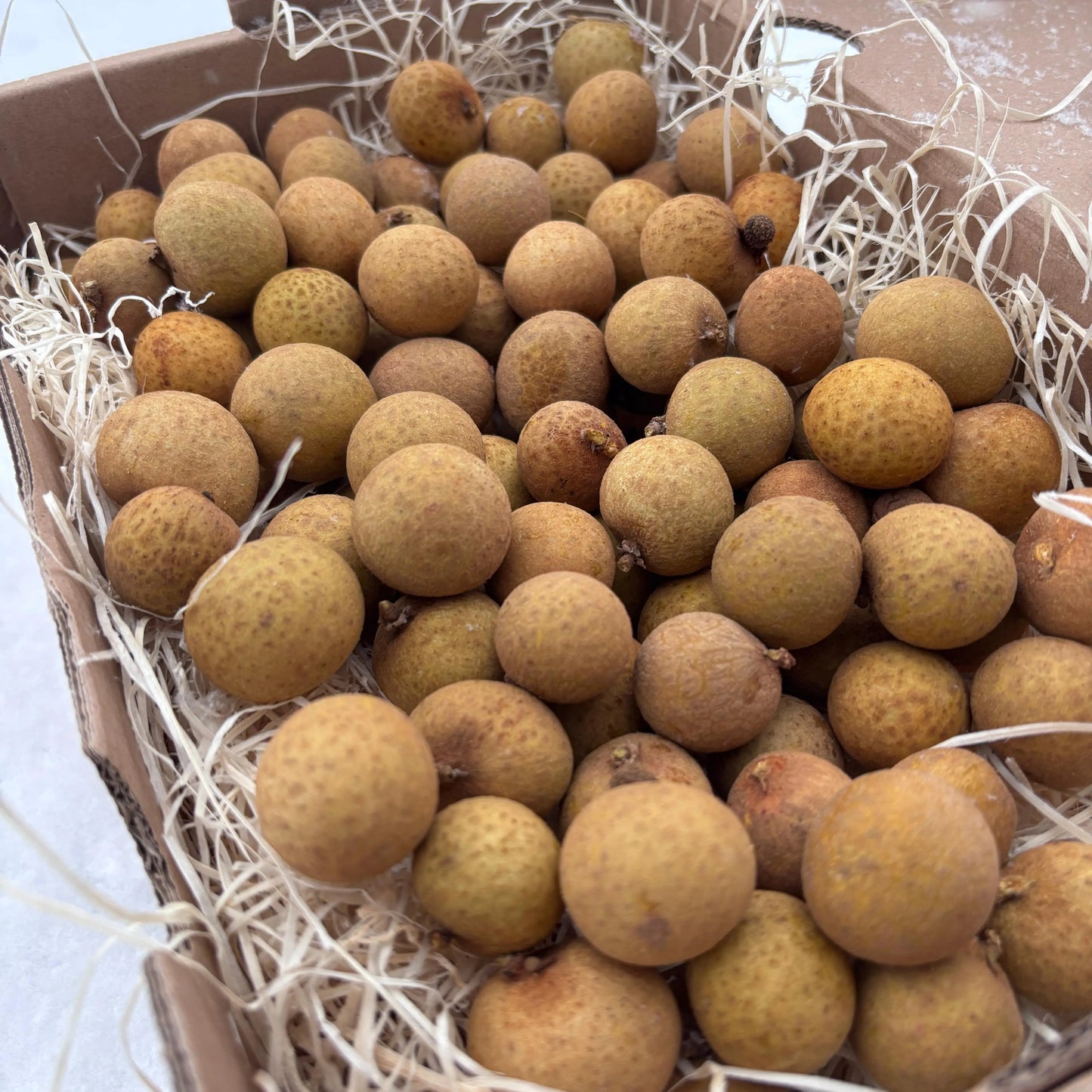 A box of fresh brown longan fruits (dragon eye fruit) resting on a bed of hay, ready for tropical fruit delivery.
