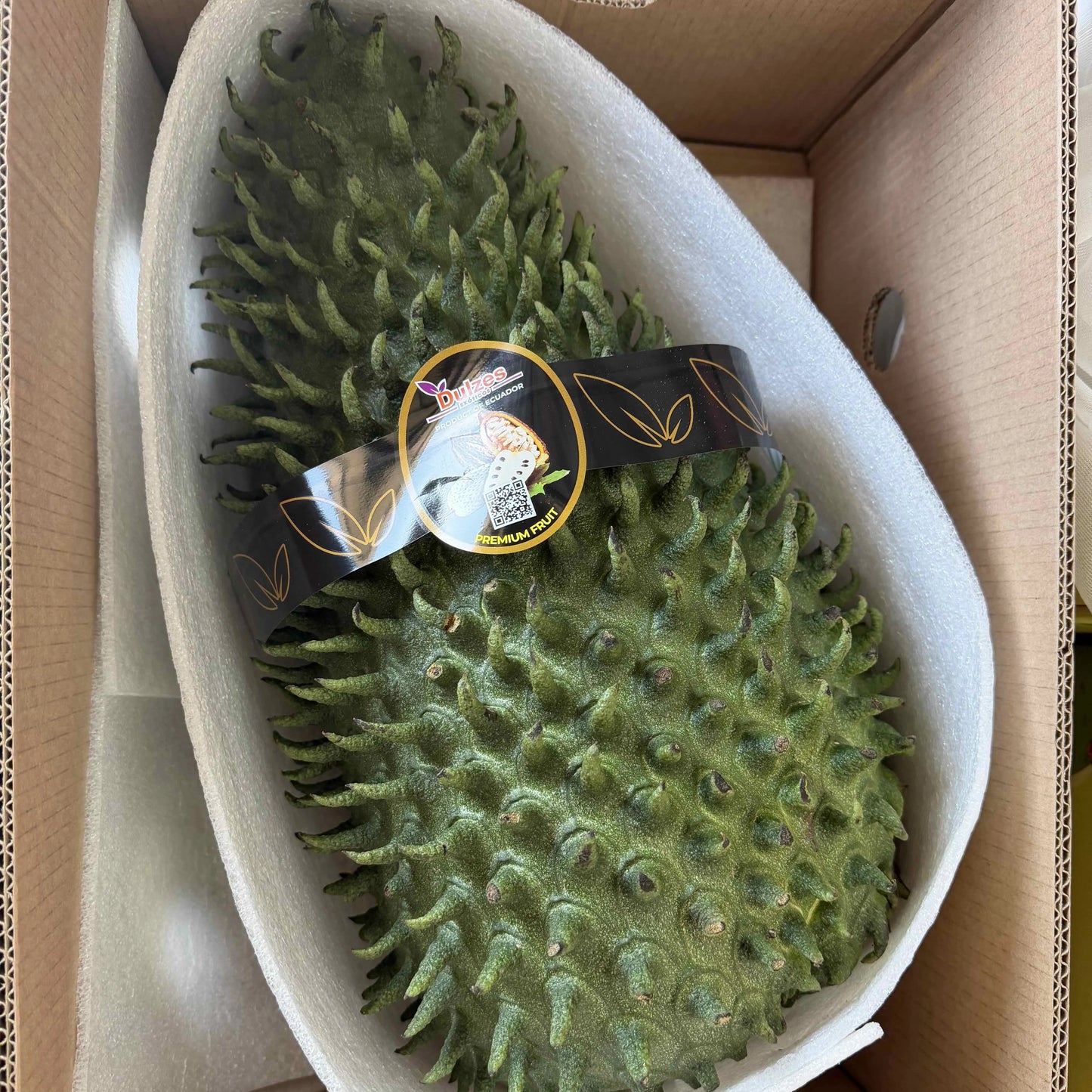A large green spiky soursop (guanábana) from Ecuador, resting in protective white foam packaging inside a delivery box.