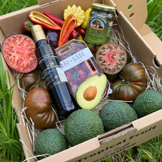 Mediterranean Salad box including avocado, heirloom tomatoes, lemon, and olive oil, fresh gourmet delivery.