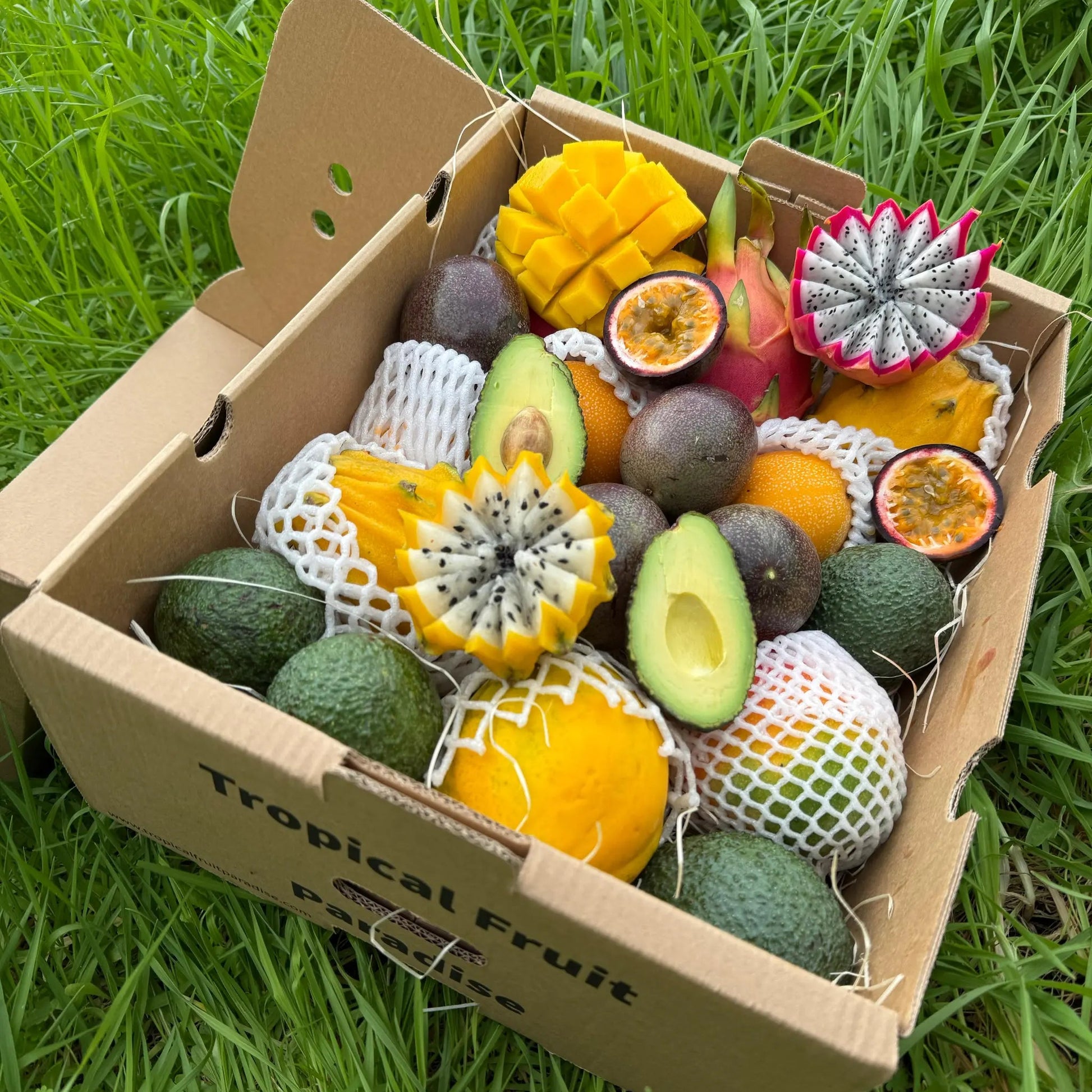 A variety box of sliced exotic fruits including red pitaya, mango, passion fruit, and avocado on grass.