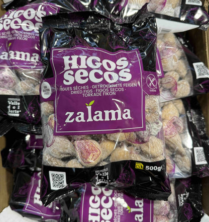 A 500g bag of Zalama premium Spanish dried figs (Higos Secos) from Valle del Jerte, gluten-free and 100% natural.